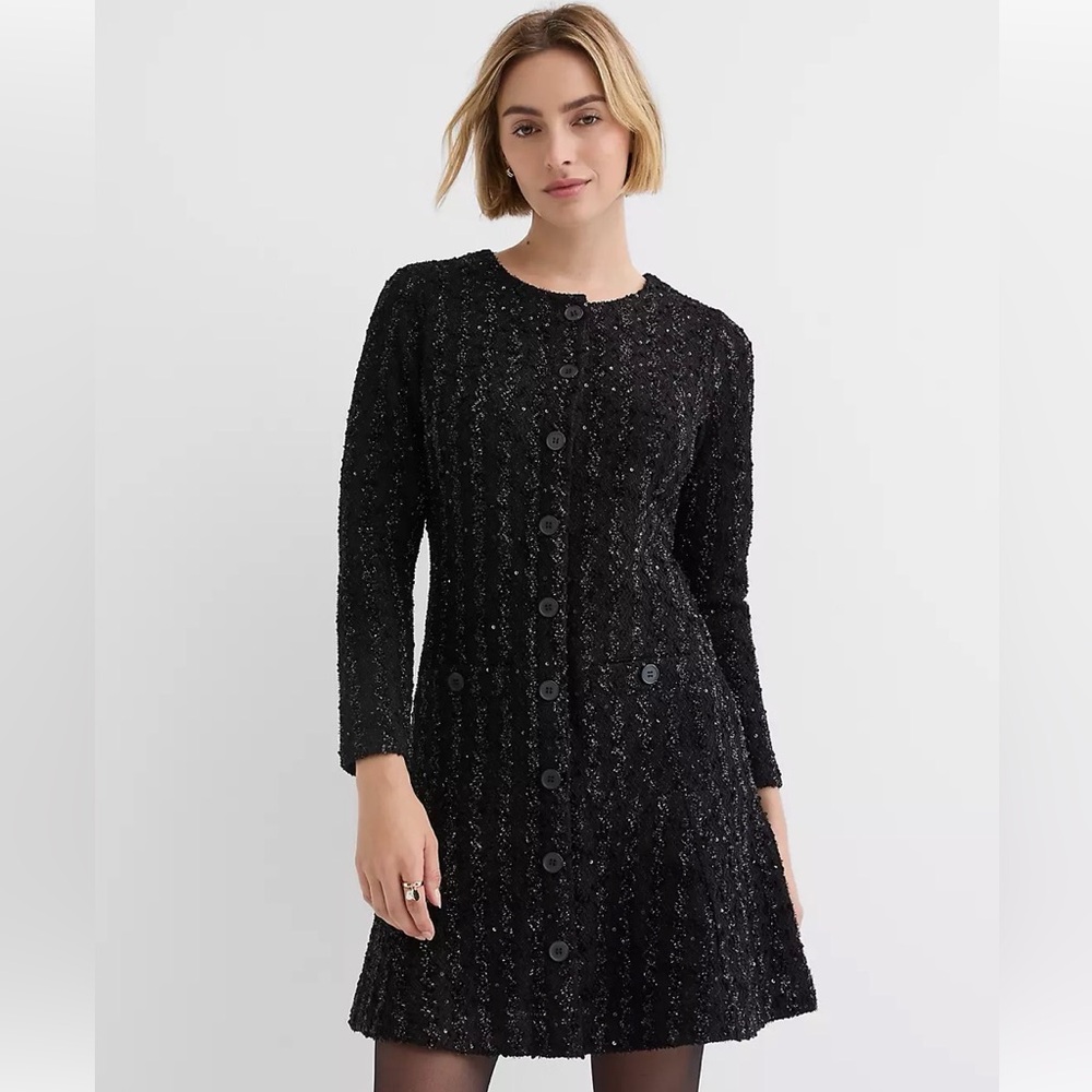 NWT Loft Elegant Black Shimmer Boucle mini pocket Dress. Size 6!